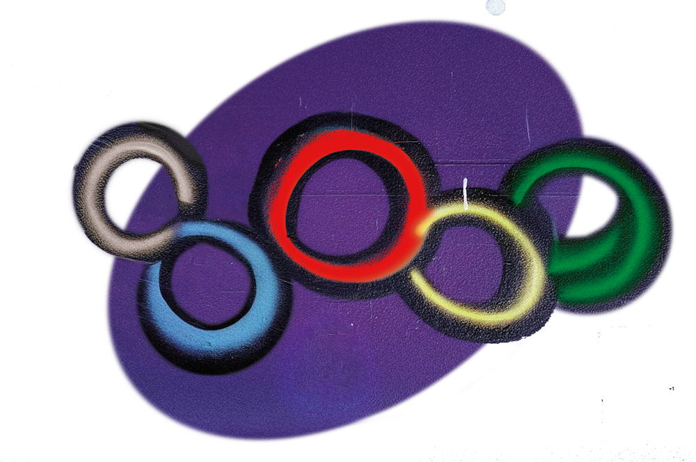 qlympiade Eine Grafik mit 5 Ringen, in weiß, gelb, rot, blau, grün, mit einem violetten Hintergrund
