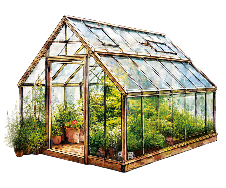Eine Grafik eines Gewächshauses von außen mit vielen Pflanzen.