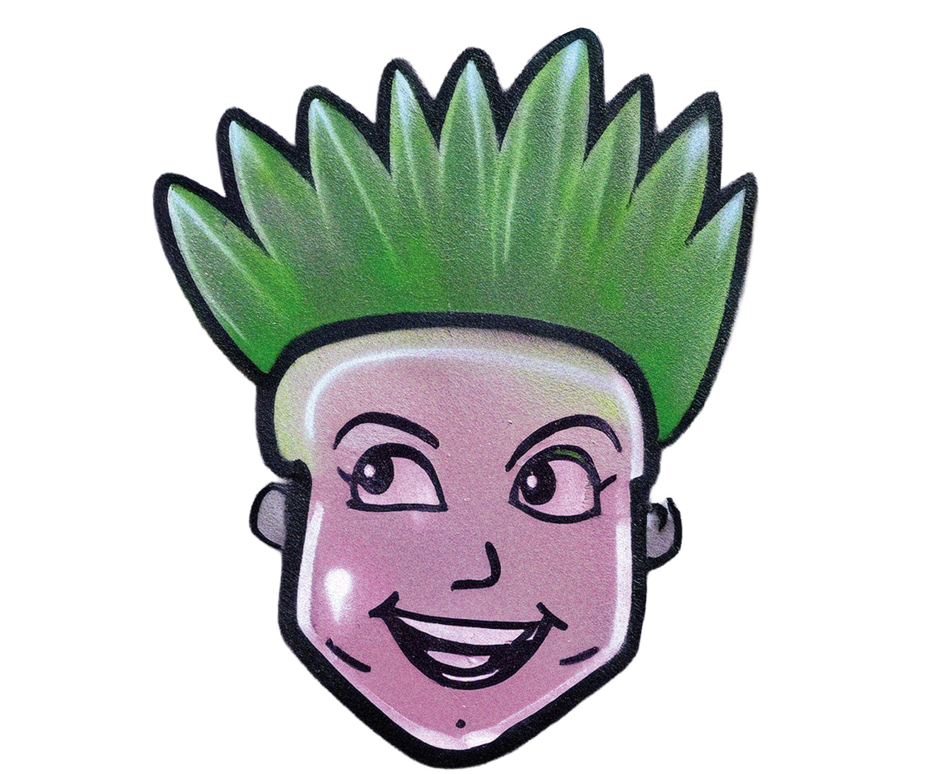 Eine Grafik mit einem fröhlichen Gesicht und Gras als Kopfbehaarung
