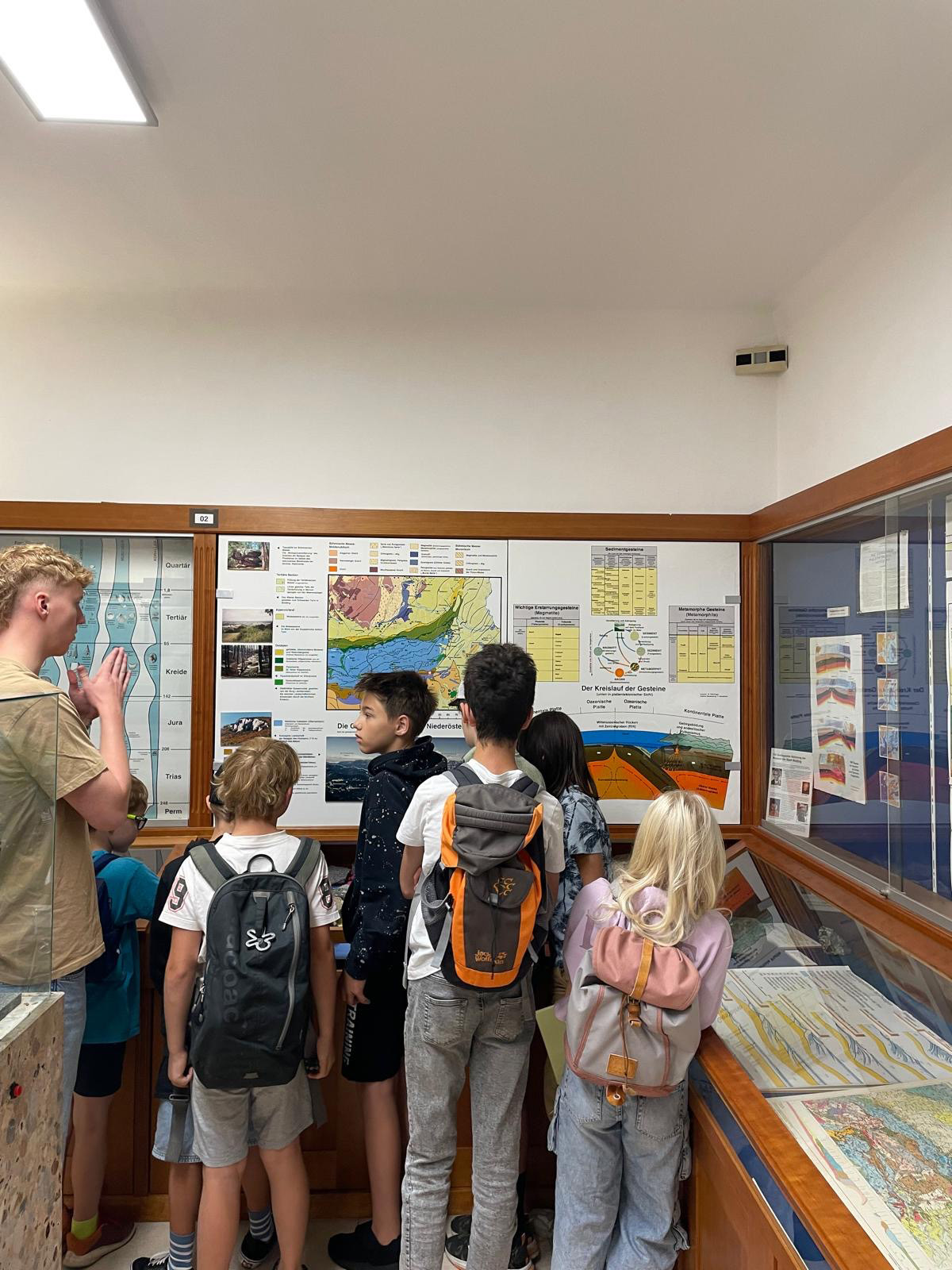 Mehrere Kinder stehen vor einer Wand mit Grafiken. Ein junger Herr steht links von ihnen und erklärt ihnen was sie auf der Wand sehen.